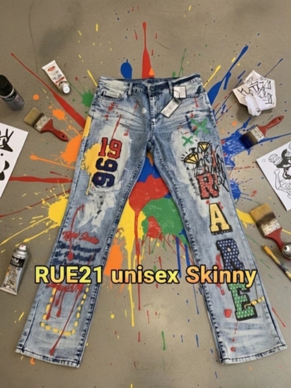Rue21 Light Blue Skinny Jeans with Multicolor Paint & Patch Details